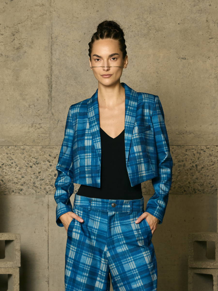 Blazer Super Cropped - Denim Tartan