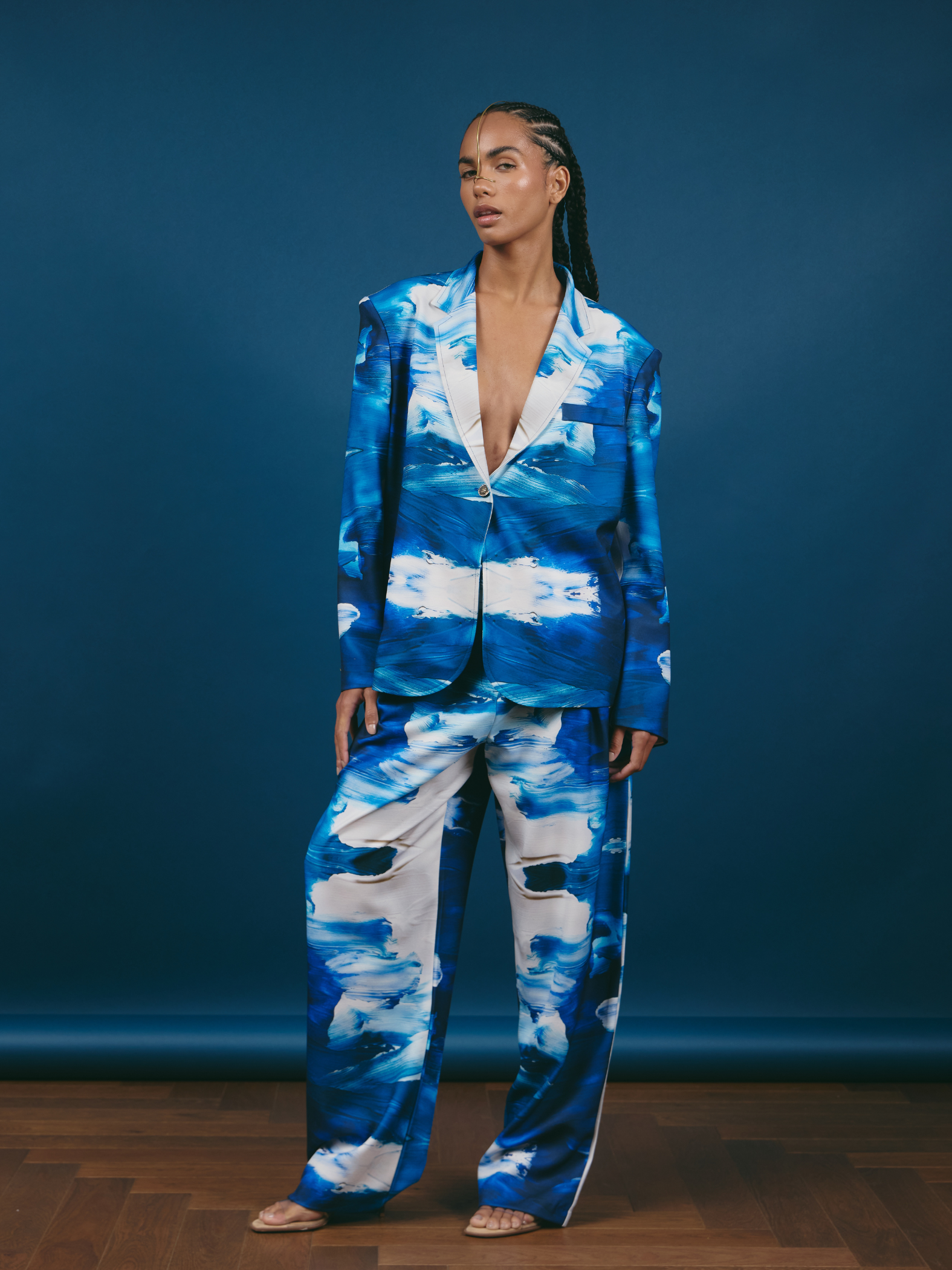 Pantalón con Pliegues - Brochazo Azul con Blanco