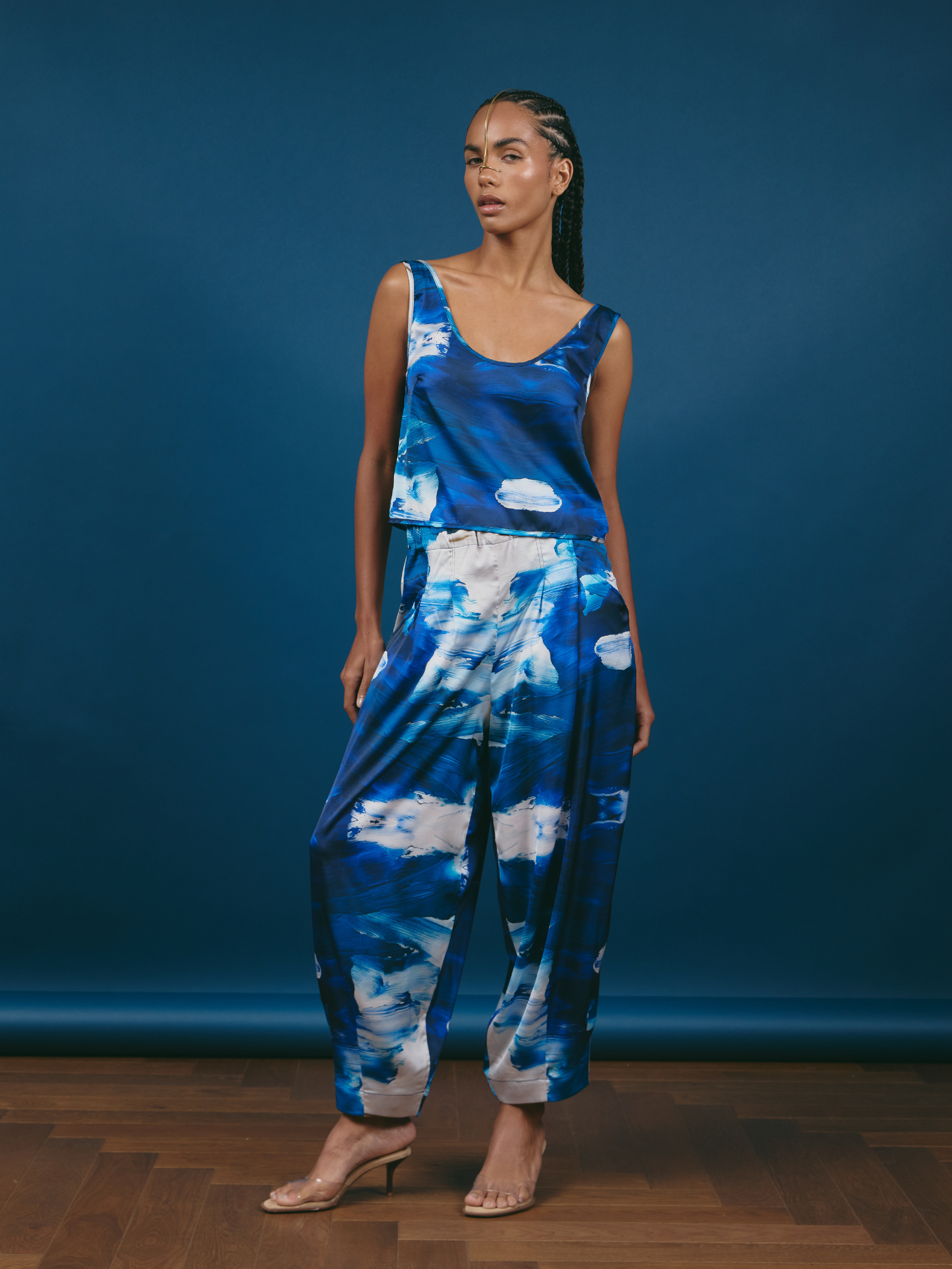 Pantalón Satin - Brochazo Azul con Blanco