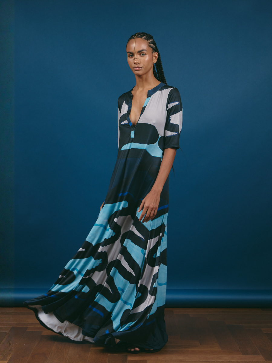 Vestido Godet Escote V - Zig Zag Azul