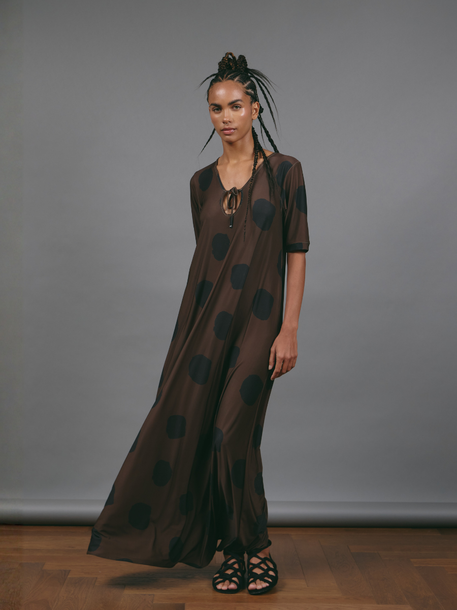 Vestido Godet con Lazo - Mocha Black Dots