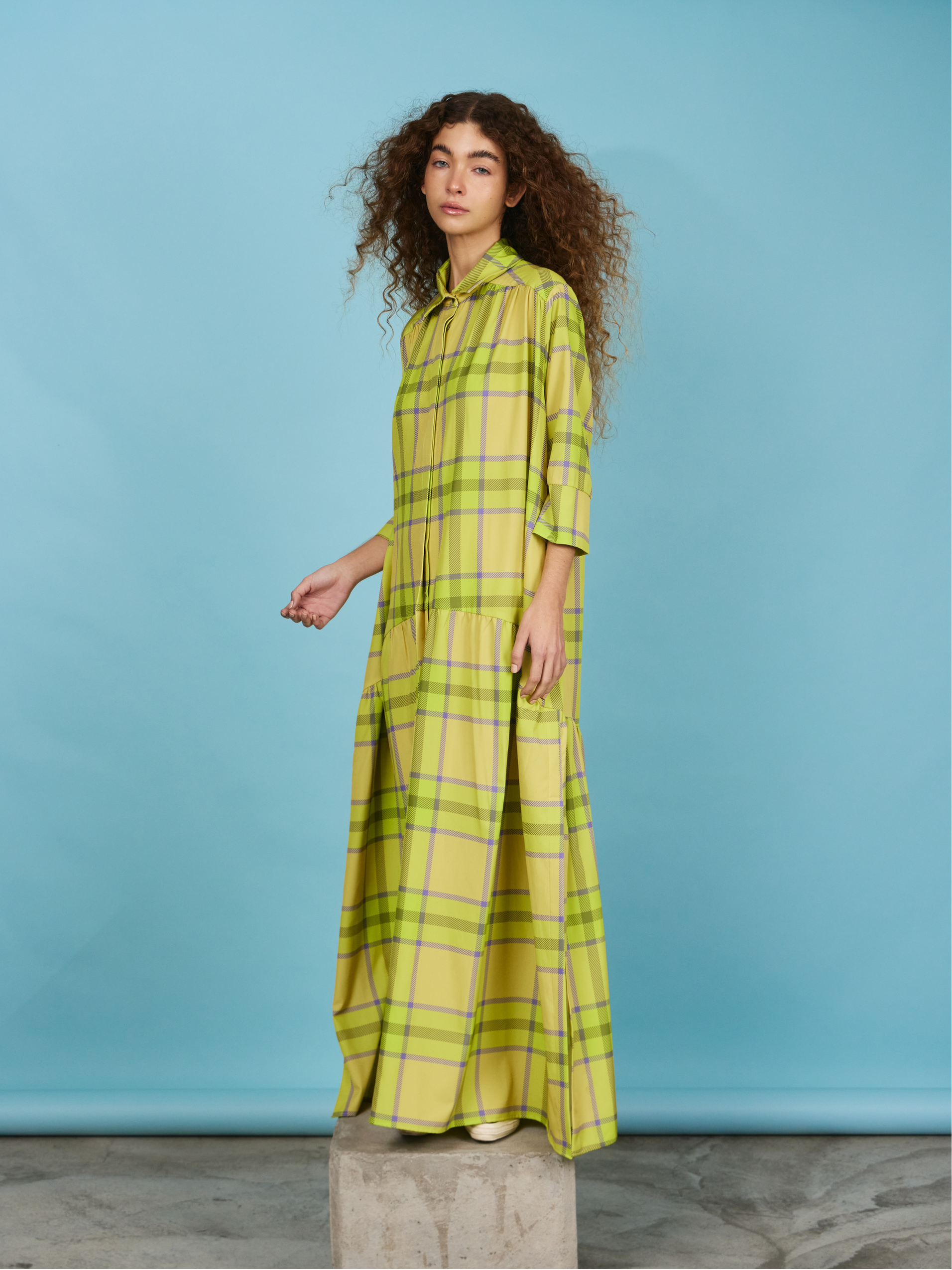 Vestido Fruncido Camisero - Yellow Tartan
